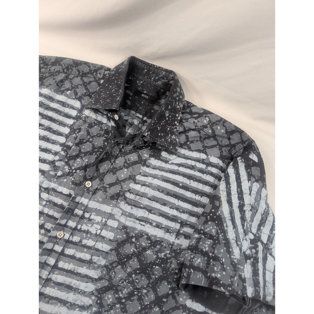 Hugo Boss Button Shirt Mens AOP Gray Slim Fit Short Sleeve 16 1/2 42 Large